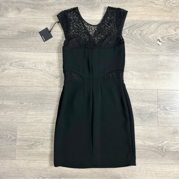 The Kooples Robe Lace & Leather Mini Dress Crepe Cap sleeve Black Size XS - Picture 15 of 16